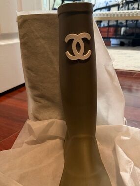 CHANEL Olive Green Knee-High Boot with White CC Emblem